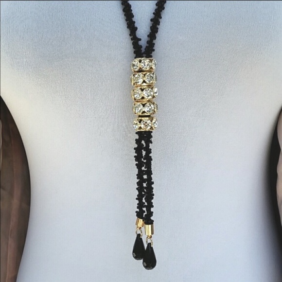 NEW Black Beads Gold Bling Lariat Necklace - Picture 4 of 8